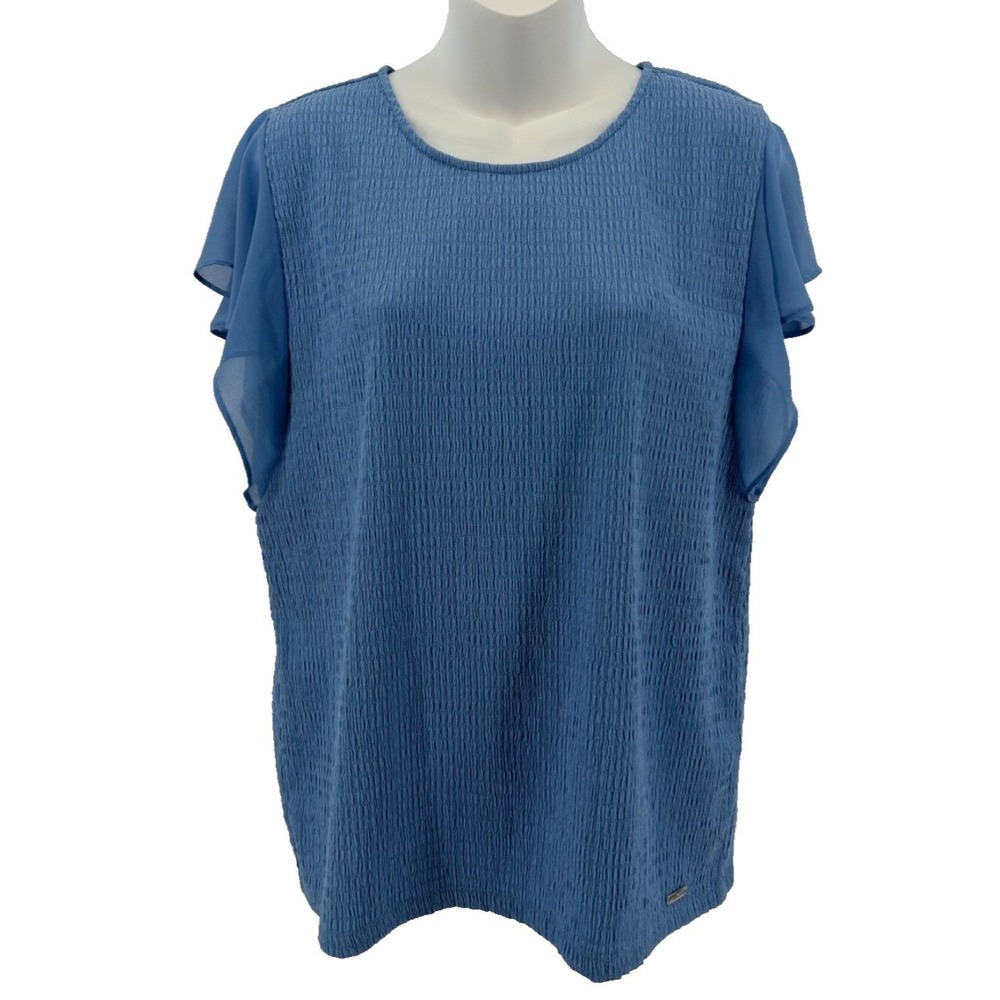 Calvin Klein Smocked Blouse Women Soft Feminine Flutter Sleeve Large